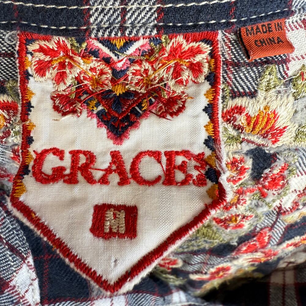 Grace in LA Embroidered Western shirt - Blue Plaid Boho Floral Cowgirl Size S - Picture 5 of 15